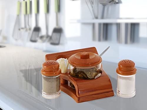Image of Nabhya Complete Dining Table Set of Pickle Jars, Salt and Pepper Dispenser, Toothpick Holder and Spoon Holder(Wooden Look Design, Plastic) (Oscar)