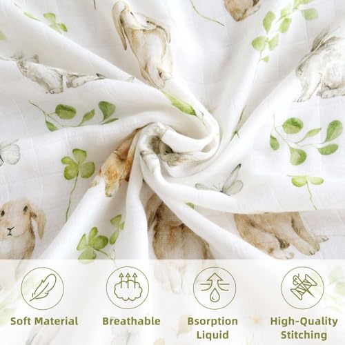 Image of LifeTree Baby Swaddle Blankets, Muslin Swaddle Blankets Boys Girls Swaddling Wrap Receiving Blanket for Newborn, 70% Viscose Bamboo and 30% Cotton, Large 47 inch x 47 inch, Leaf & Rabbit Pattern