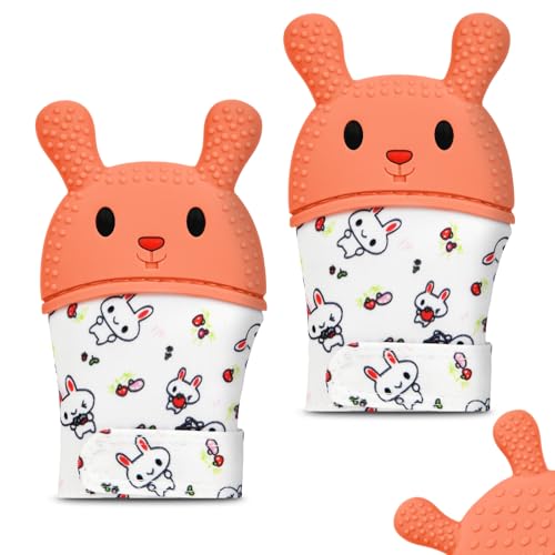 Image of 2Pack Silicone Teething Mitt, Rabbit Baby Teething Toy for 0-6 6-12 Months, Food Grade Silicone Infant Teething Mitten, BPA-Free Baby Chew Toys for Pain Relief, Sucking Needs