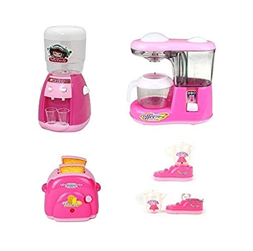 tradvision mini household 4 in 1 set of toy kitchen appliance battery operated. toy home appliance with real like working set includes coffee maker, water dispenser, mixer, toaster (kitchen appliance)- Multi color