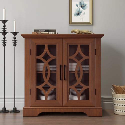 GDFStudio Modern Buffet Sideboard Cabinet, Storage Cabinet with 2 Tempered Glass Doors & Adjustable Shelf, Freestanding Credenza Buffet for Dining Room Kitchen, Accent Cabinet Coffee Bar, Dark Oak