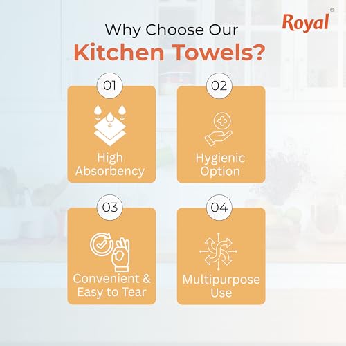 Image of Royal Silky Kitchen Tissue Rolls - 1920 Pulls | 60 Kitchen Towels X 32 Rolls| 2-Ply Soft & Strong Kitchen Paper Towel | Highly Absorbent Disposable Kitchen Tissue | 4 rolls x Pack of 8