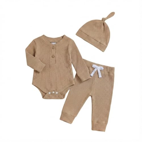 Image of Newborn Baby Boy Clothes Long Sleeve Ribbed Bodysuit Pants Hat 3-Piece Outfit Set