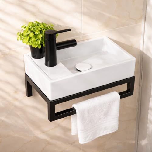 NUESTRA VIDA Lavabo de Cerámica para Baño de Invitados 40x22 cm - Compacto con Rebosadero y Estructura Metálica Negra Mate - Ideal para Espacios Pequeños - imagen 9