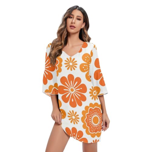 Robe trapèze en mousseline de soie florale orange col V haut de gamme