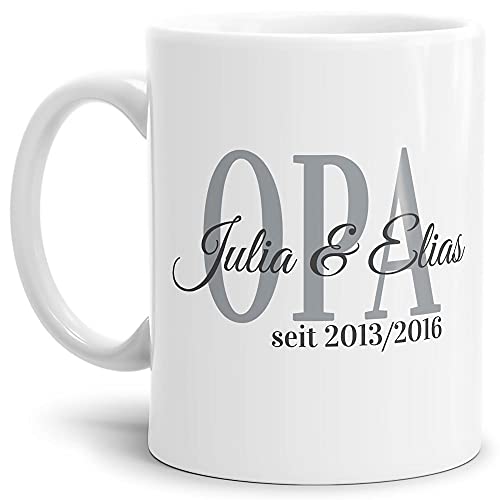 Tasse - Opa seit - zum selbst Gestalten mit Kindernamen und Geburtsjahren - Geschenk für den besten Opa - Keramiktasse, Weiß Glanz, 300 ml