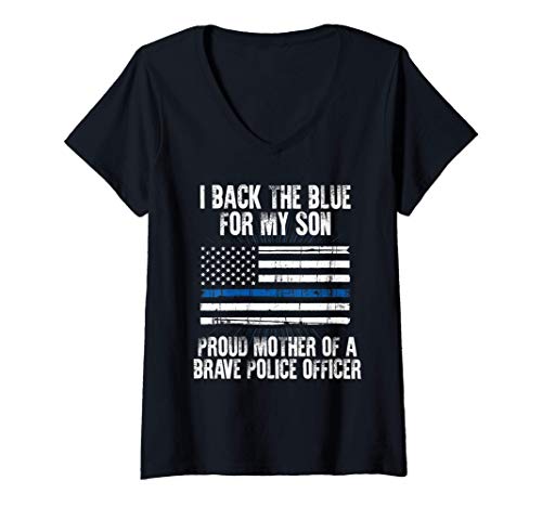 Donna I Back The Blue For My Son Proud Police Mom Novelty Shirt Maglietta con Collo a V