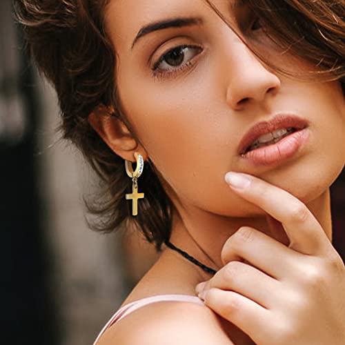 Qgoliver Cross Earrings For Men Stainless Steel Cubic Zircon Hinged Hip Hop Jewelry Dangle Huggie Hoop Earrings For Women,Gold Tone #TOP4