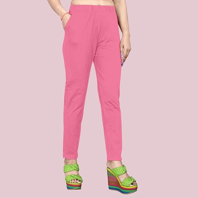 Image of Women's Solid Cotton Lycra Pants-High Waist Slim Fit Stretchable Leggings - Comfortable Long Trousers for Casual, Office & Everyday Wear