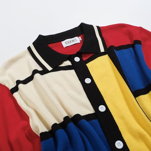 Men's Knit Polo Shirt, Vintage Colorful Geometric Square Cardigan Polo Button Down Short Sleeve Shirt3