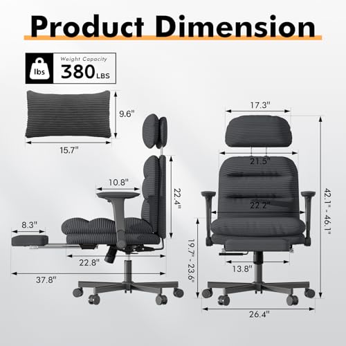 Image of GXJ Criss Cross Legged Office Chair with Flip-up Arms, Footrest, G800 Plus | 6.3 inch Cushion Relieves Tailbone Pain, Head-Lumbar Support Eases Fatigue, Smooth Rolling Wheels, Corduroy Desk Seating, Black