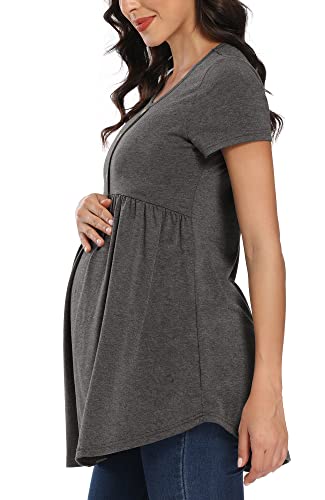 Pacbreeze Women's Maternity Top/Shirts Side Ruched Button Front Babydoll Tee Top Mama Pregnancy Clothes With Short Sleeve(Dark Heather Gray, Medium) #TOP3