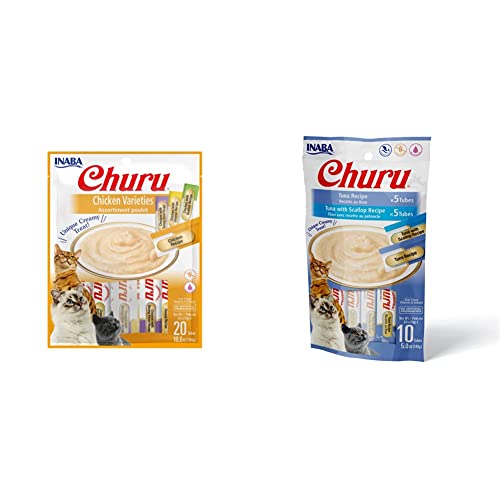 Inaba Churu Cat Treats, Grain-Free, 20 Tubes, Chicken Variety & Churu Cat Treats, Grain-Free, Lickable, Squeezable Creamy Purée Cat Treat/Topper, 0.5 Ounces Each Tube, 10 Tubes, Tuna Variety #TOP8