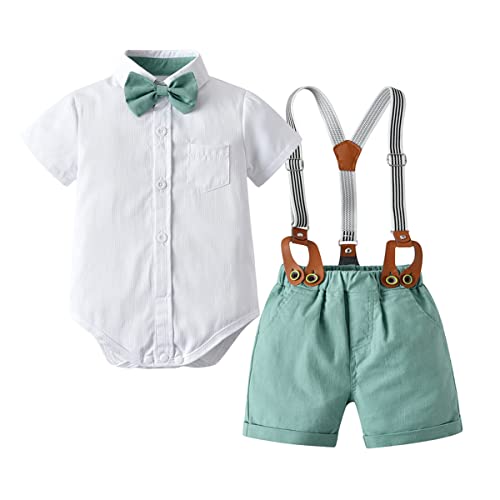 Image of Tiepant Newborn Infant Baby Boys Summer Gentleman Suspenders Shorts Bowtie Shirt Outfit Set Green 6-12M
