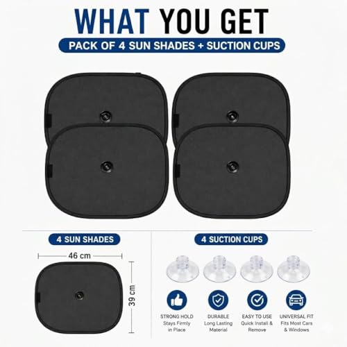 Image of AutokraftZ 𝗨𝗻𝗶𝘃𝗲𝗿𝘀𝗮𝗹 Car Window Sunshade (𝗣𝗔𝗖𝗞 𝗼𝗳 𝟰) - 𝗘𝘅𝘁𝗿𝗮 𝗗𝗮𝗿𝗸 Sun Protection for Heat Reduction Sun Shade with Suction Cups Car Glass Shield & Blinds