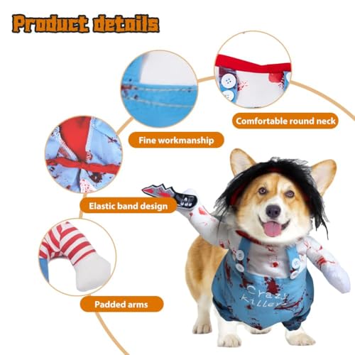 Halloween Hundekostüme für Hunde Wig and Knife, für kleine mittlere Hunde - Lustige Chucky Hundekleidung Halloween Outfit mit Perücke Messer (Verstellbare M-Größe)