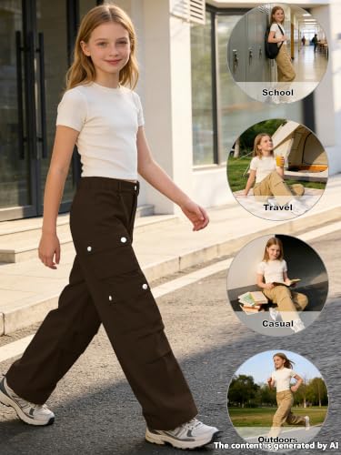 Image of SANGTREE Girls Wide Leg Cargo Pants Multi Pocket,6-14 Years | Cotton High Waist Baggy Trousers with Pockets Teen Y2K Streetwear School Pants| Back-to-school,Outdoor Play
