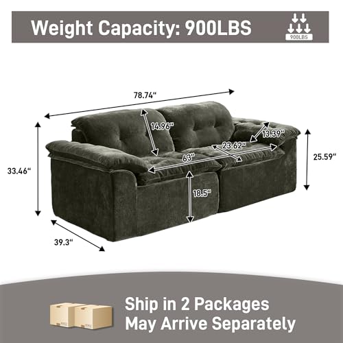 Image of Oversized Modular Sectional Sofa, Large Modern Boneless Couch with Seat Cushion, Chenille 2 Seat Sofa Set for Living Room, Apartments, No Assembly Required, Green