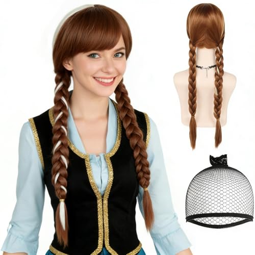 JoneTing Brown Braided Wig【+ Hair Cap】 Princess Wigs for Adult Long Brown Wig With 2 Braids for Women Cosplay Peluca Trenza Marrón Brown Braided Cosplay Wigs for Halloween Party