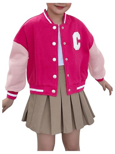 MakeMeChic Girl's Letter Print Button Down Baseball Jacket Long Sleeve Drop Shoulder Cute Varsity Jacket Coats