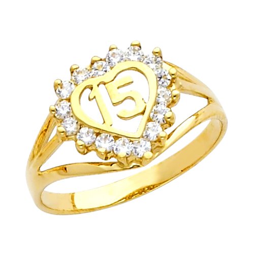10k Yellow Gold Sweet 15 Anos Quinceanera Heart Ring with Cubic Zirconia (Size 6.5)