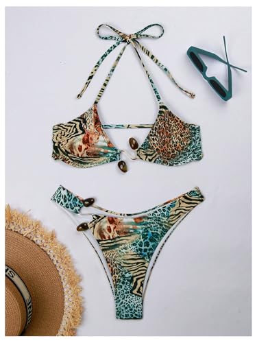 SOLY HUX Women's Leopard Print Bikini Set Halter Tie Back Bathing Suit Two Piece Swimsuit3