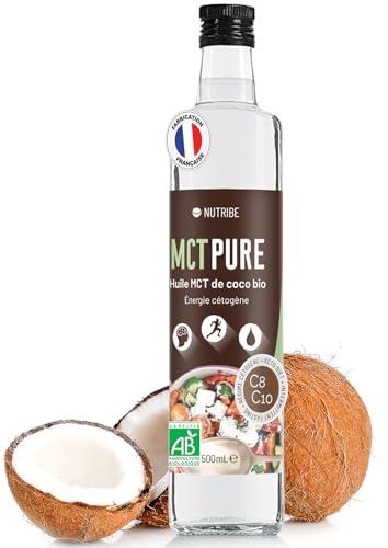 Nutribe Huile MCT Pure C8 C10 Bio - Extraite par distillation - Laboratoire français | Pour la cétose, l'énergie, la perte de poids, le bien-être cérébral, bouteille en verre 500 ml