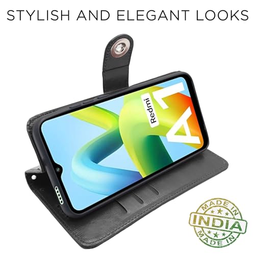 Image of Pikkme Redmi A1 | Redmi A2 Flip Cover Leather Finish | Inside TPU with Card Pockets | Wallet Stand and Shock Proof | Complete Protection Button Flip Case (Black)