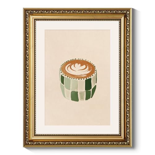 ARPEOTCY Gold Framed Canvas Wall Art – 11x14inch, Green Checkered Latte Art Print, Modern Coffee Cup with Unique Design, Kitchen and Living Room Decor