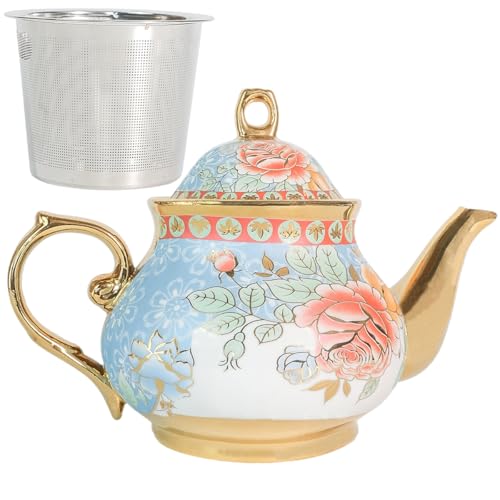 Teiera in ceramica classica vintage britannica in stile reale, teiera grande da 880 ml, perfetta per riunioni quotidiane (oro, grande)
