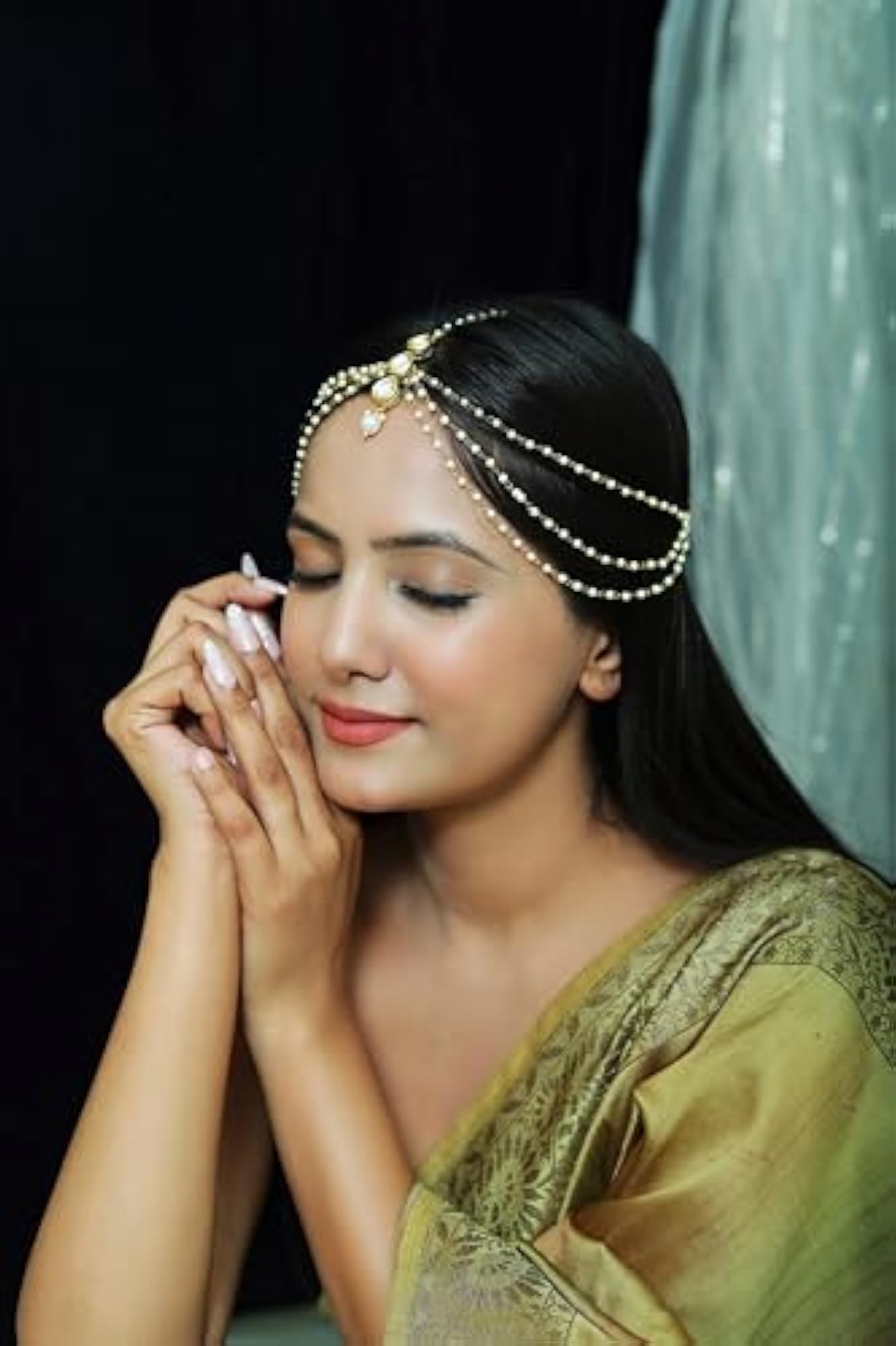 Bridal Kundan Plated Pearl Maang Tika & Matha Patti Set