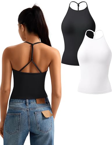 TDIFFUN Women Crop Tank Tops 2 Piece High Neck Seamless Ribbed Sleeveless Racerback Summer Going Out Basic Casual Workout Top (Black White, Medium) - image 1