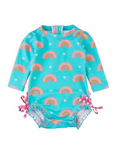 Image of RuffleButts Baby Girls UPF 50+ Sun Protection Novelty Print Long Sleeve One Piece Rash Guard Swimsuit with Zipper