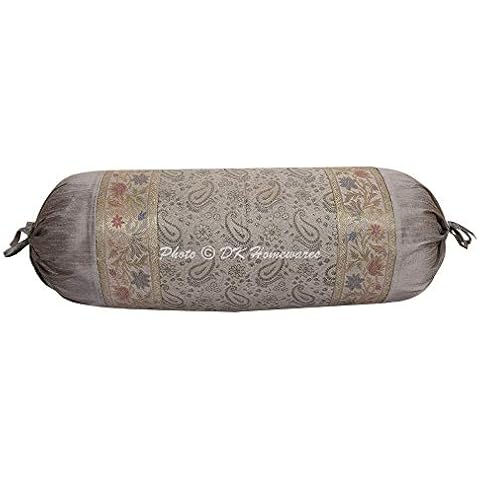 DK Homewares Fundas De Almohada De Seda Cilíndricas Gris y Dorado Cover
