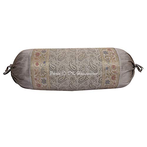DK Homewares Indian Tradicional Festival Decoración 30 X 15 Pulgadas Fundas De Almohada De Yoga Seda Brocado Jacquard Floral Étnico Cilíndrico Funda De Cojín Cervical (Gris ; 76 X 38 Cm) -1 Pc