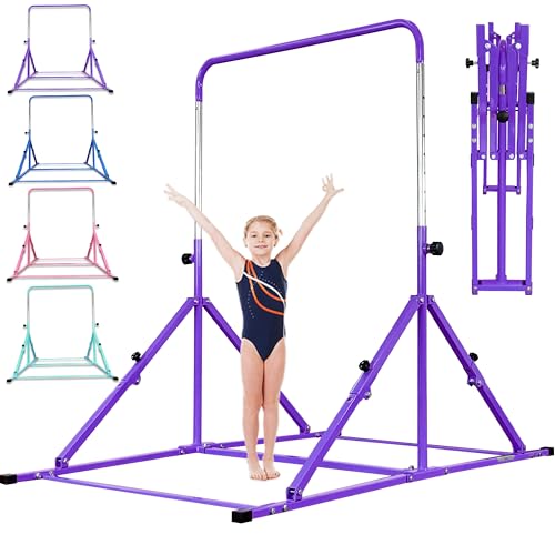 MARFULA Foldable Gymnastic Bar for Kids Ages 3-12, 9 Height Levels, 200 lbs Weight Capacity, 5 Ft Length Gymnastic Kip Bar with Mat, Gymnastic Equipment for Home and Gym Center Indoor Outdoor Use