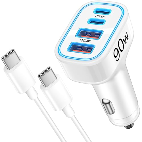 iPhone 17e 17 16 15 Pro Max Car Charger Fast Charging, 90W 4-Port USB C Car Charger 12-24V Cigarette Lighter Adapter with 3FT USB C Cable for iPhone 17/17 Pro Max/17e/16/16 Pro Max/15 Pro/Plus, iPad