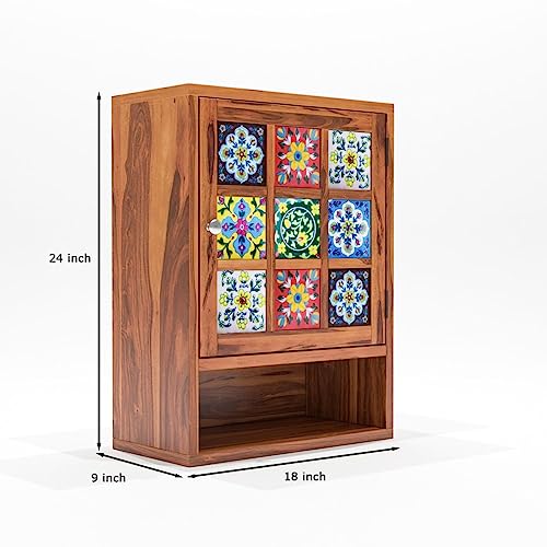 Image of Sheesham Wood Kitchen Cabinet for Home | Wall Mounted Kitchen Rack with Storage | Wooden Kitchen Unit /Organizer with 1 Door & 1 Shelf Storage | Honey Finish