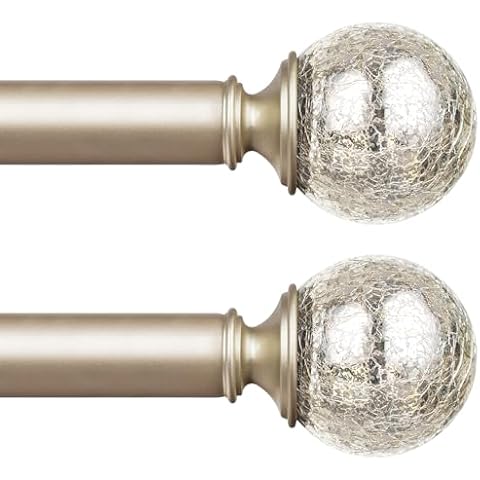 KAMANINA 2 Pack Curtain Rod 32 to 58 Inches (2.6-4.8ft), Champagne Gold Curtain Rods for Windows, 7/8 Inch Single Drapery Rods with Crackle Glass Finials Cover