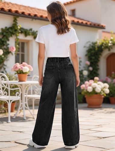 Image of Jeans for Girls Baggy Wide Leg Cute Bow High Elastic Waisted Denim Pants Y2K Boyfriend Skater Streetwear 7-14Y