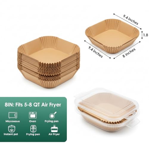 Image of Square Air Fryer Liners 100PCS - Disposable Non-Stick Parchment Paper for Airfryer, Baking, Roasting & Microwave - Food Grade, Oil-Proof & Tear-Resistant Baking Sheets for Kitchen