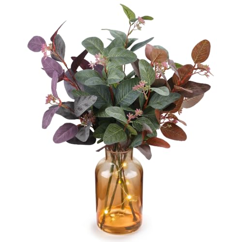 16"Fall Eucalyptus Stems Artificial Eucalyptus Branches in Amber Glass Vase