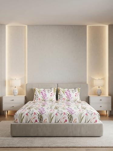 Image of DDECOR Live Beautiful 100% Cotton 145TC Floral King Bedsheet with 2 Pillow Covers | Rotary Printed Breathable Fabric | 224 CM X 254 CM | Luxury Bedding for Home | Cresta Collection | Lavender Purple