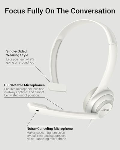 Image of HW02 USB Headset with Microphone Noise Cancelling & in-line Control, Super Light, Ultra Comfort On-Ear Wired Office Call Center Headset for Boom Skype Webinars (White)