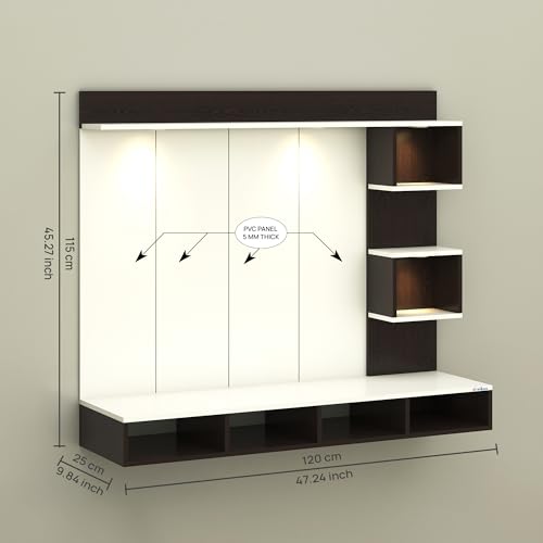 Anikaa Kirina Engineered Wood Wall-Mount TV Unit with PVC Back Panel & LED Lights | TV Cabinet with Storage Box & Decorative Shelves (Wenge/White) ? Ideal for TVs up to 40 Inch | DIY Installation