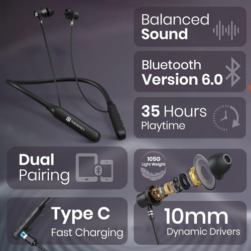 Image of Portronics Harmonics Z14 in-Ear Bluetooth Earphone Neckband with Vibration Alert, Upto 35 Hours Playtime,HD Call Clarity, BT 6.0V, Low Latency, Type C Fast Charging(Black)