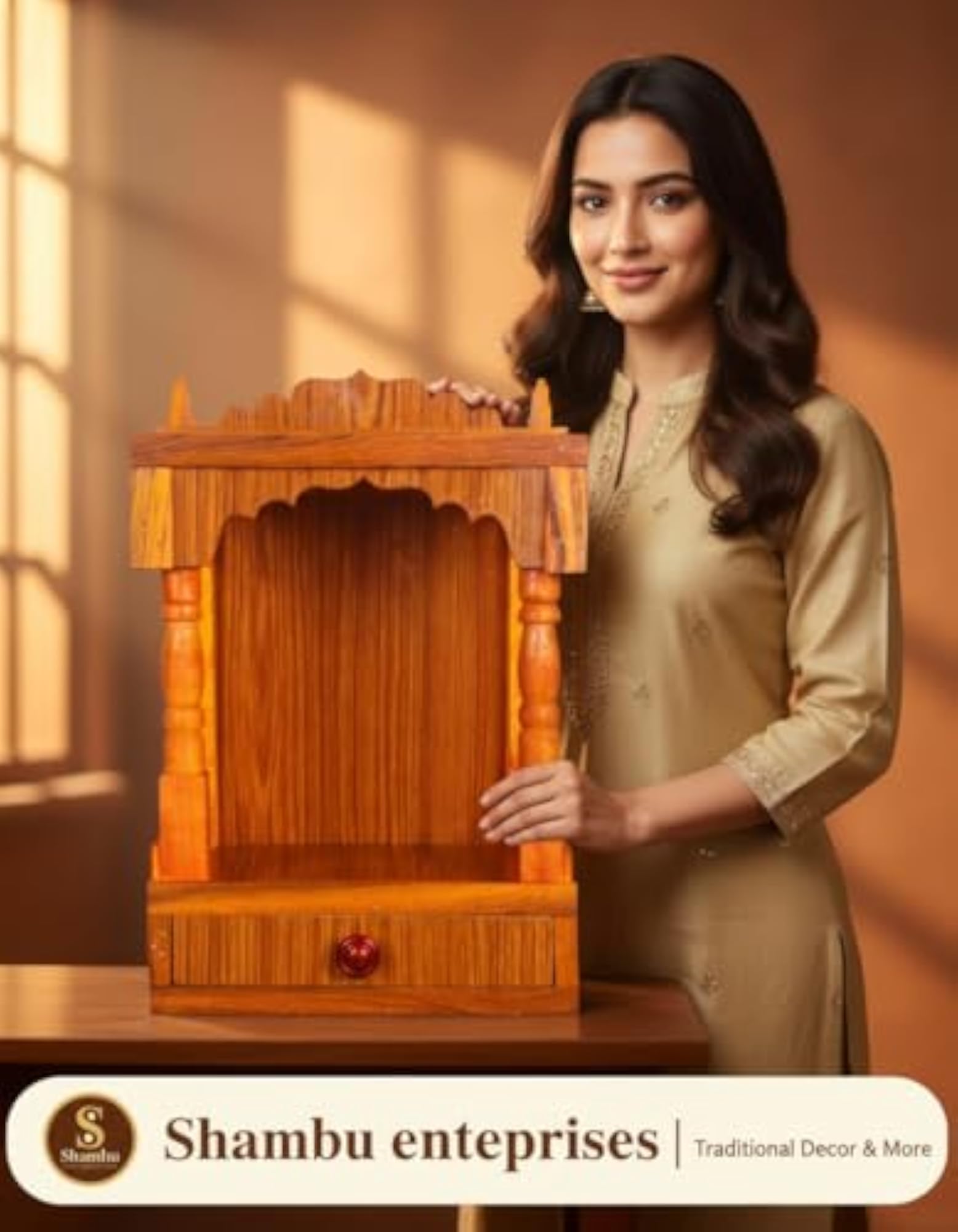 Handcrafted Wooden Mandir for Home & Office, Teak Finish