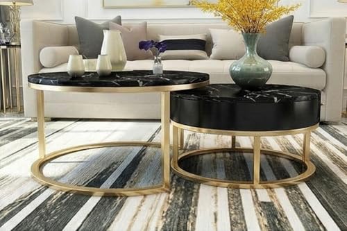 Image of Furniture Cafe Luxury Round Coffee Table with Marble White Finish Top & Gold Metal Frame | Modern Center Table for Living Room | Elegant Sofa Centre Table (Gold Finish)