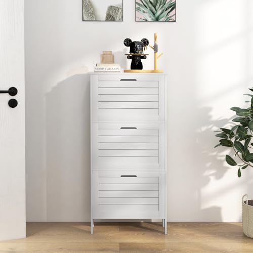 Narrow-Shoe-Storage-Cabinet-for-Entryway-with-3-Flip-Drawers-Slim-Shoe-Rack-Organizer-with-Louvered-Doors-for-6-Pairs-of-Shoes-White Narrow Shoe Storage Cabinet for Entryway with 3 Flip Drawers Slim Shoe Rack Organizer with Louvered Doors for 6 Pairs of Shoes White