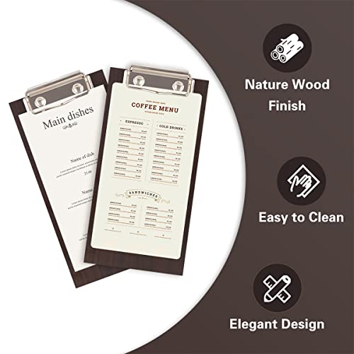LZMS 4 Pcs 4\" x 8\" Dark Wood Color Clipboards - Menu Holder - Check Presenter with Low Profile Clip - for Pocket Sized Notepads - Thumbnail 4